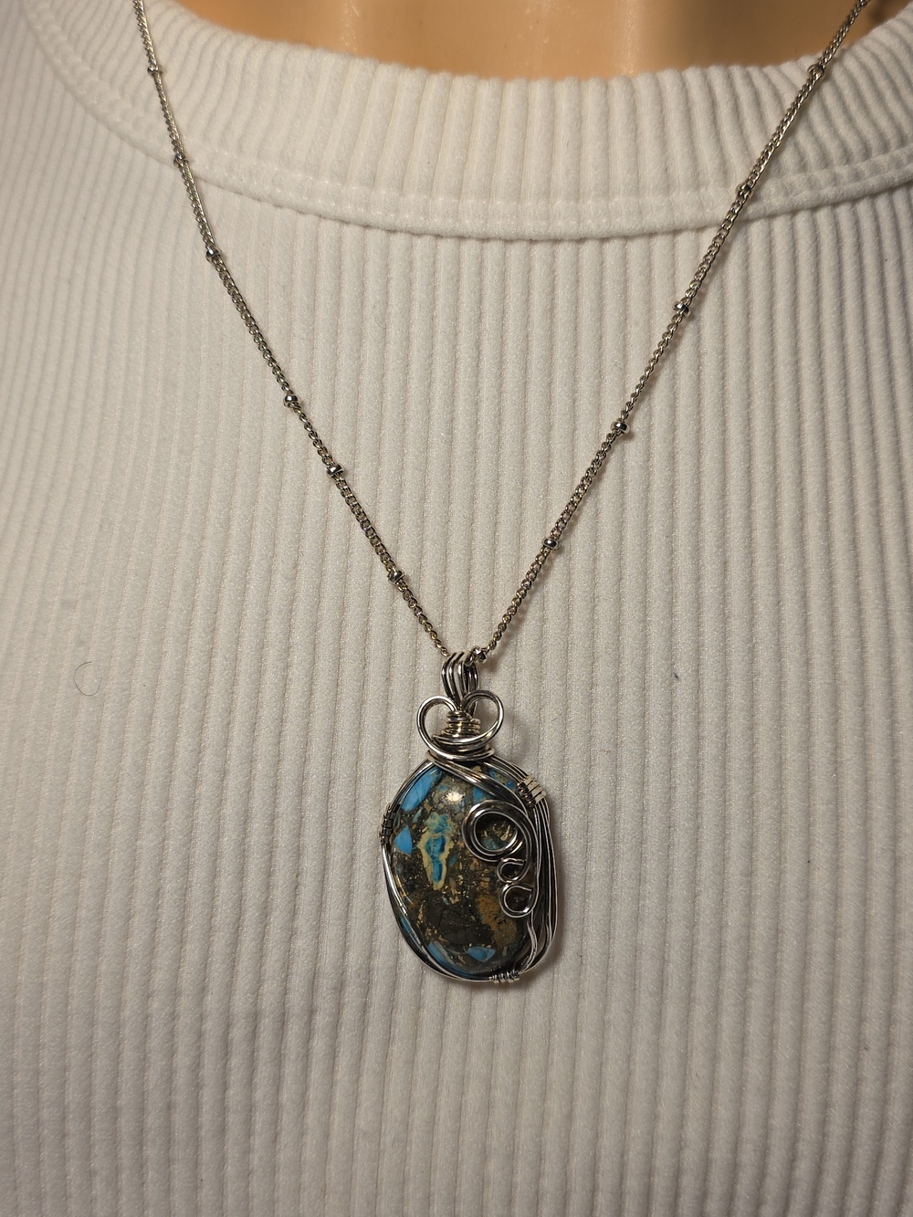 Handmade Blue Turquoise Wire-Wrapped Pendant Necklace - Silver Tone